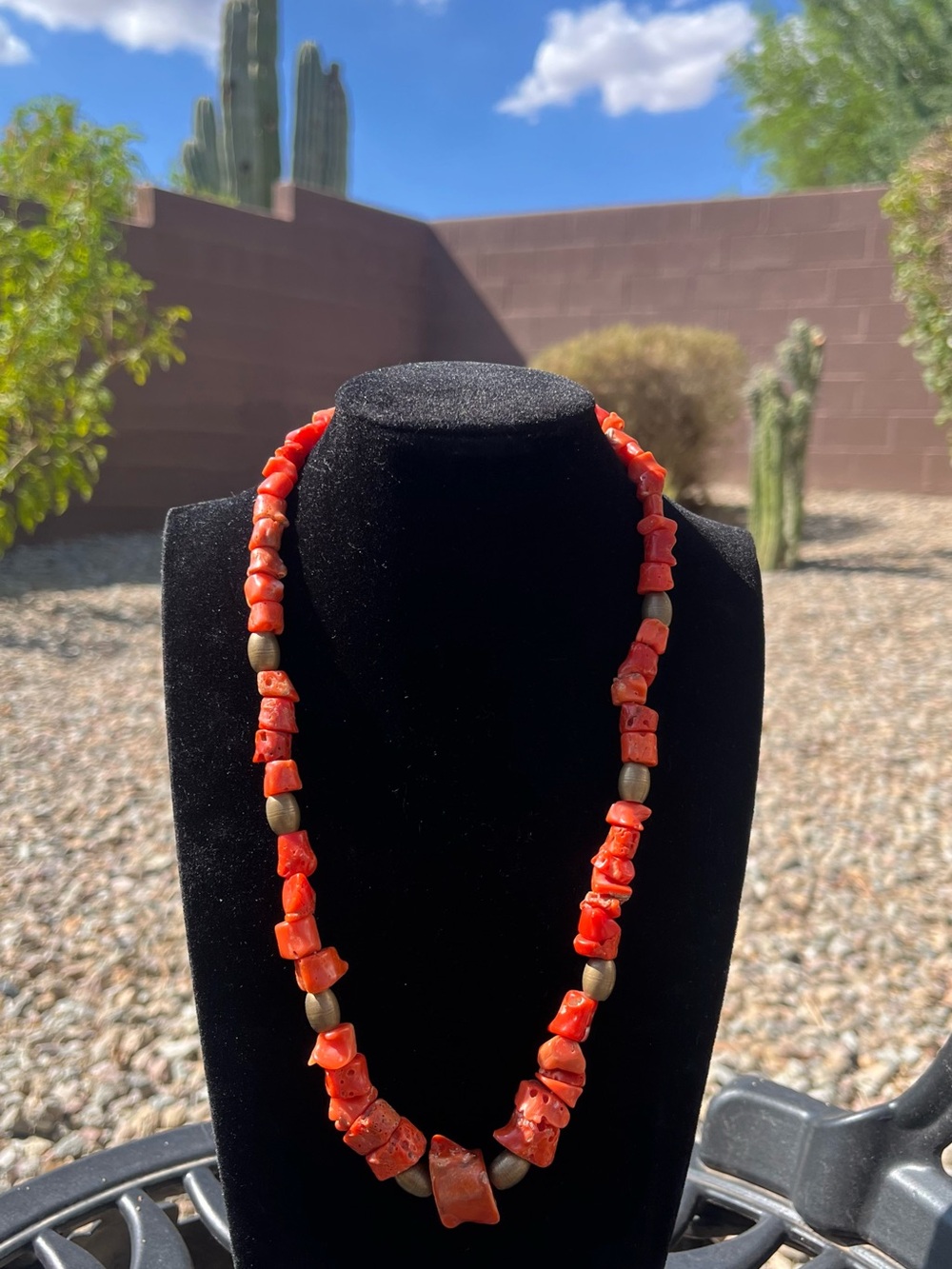 Vintage Mediterranean Red Coral Necklace Genuine Natural 20” 72g Brass Beads